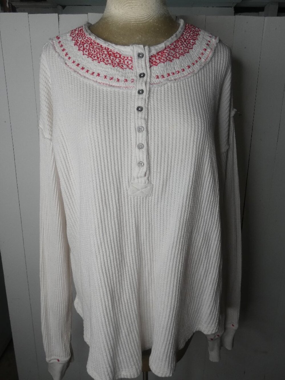 We The Free People L Holly Henley Thermal Top Long Sleeve White Red Embroidered